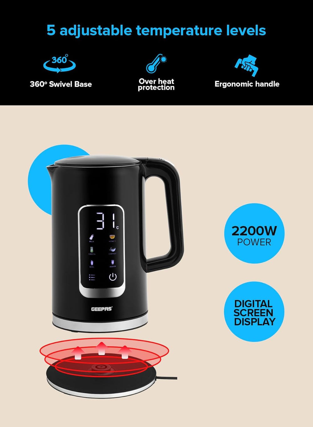 Geepas Double Layer 1.7L Digital Display Kettle 38052