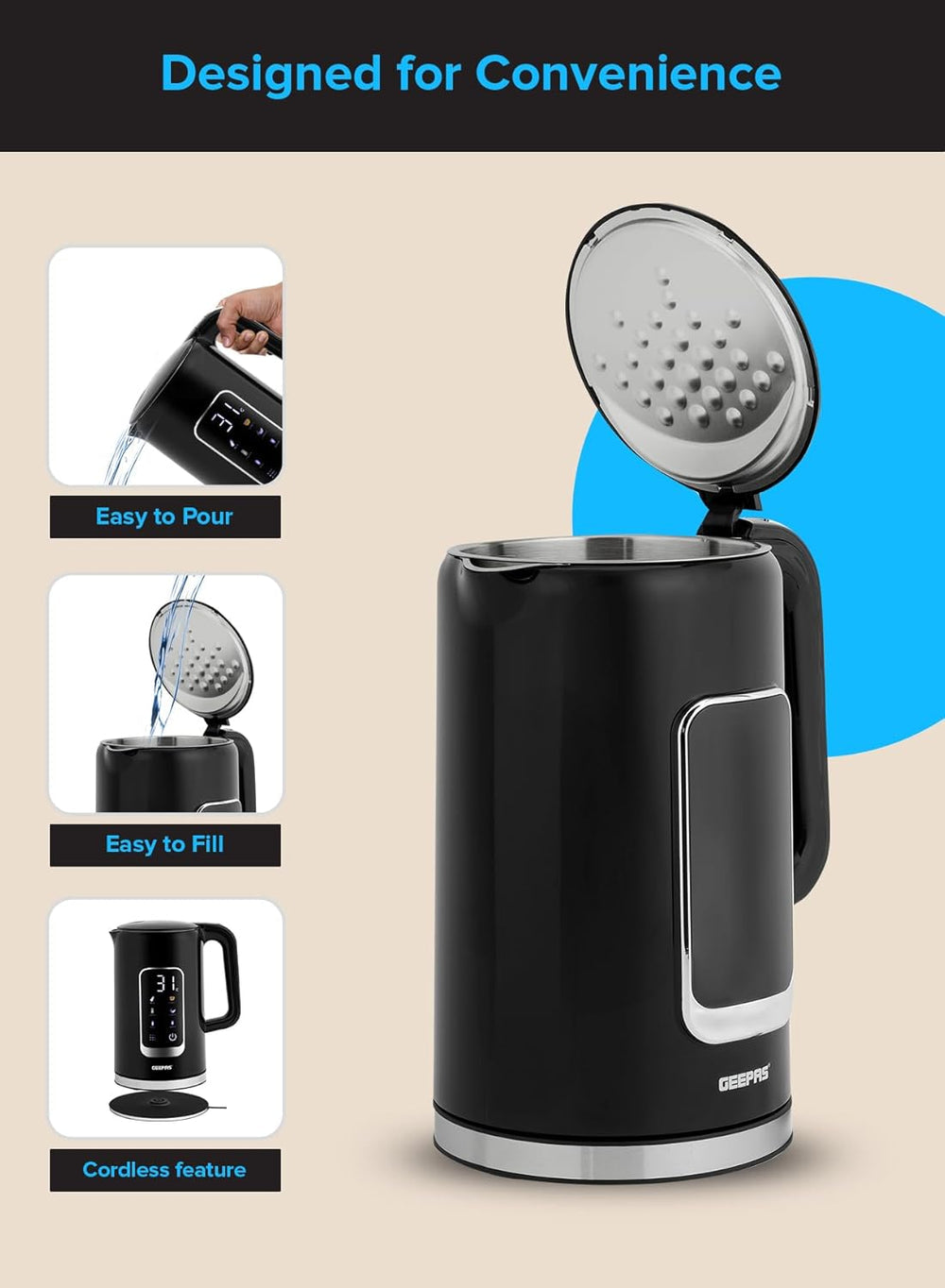 Geepas Double Layer 1.7L Digital Display Kettle 38052