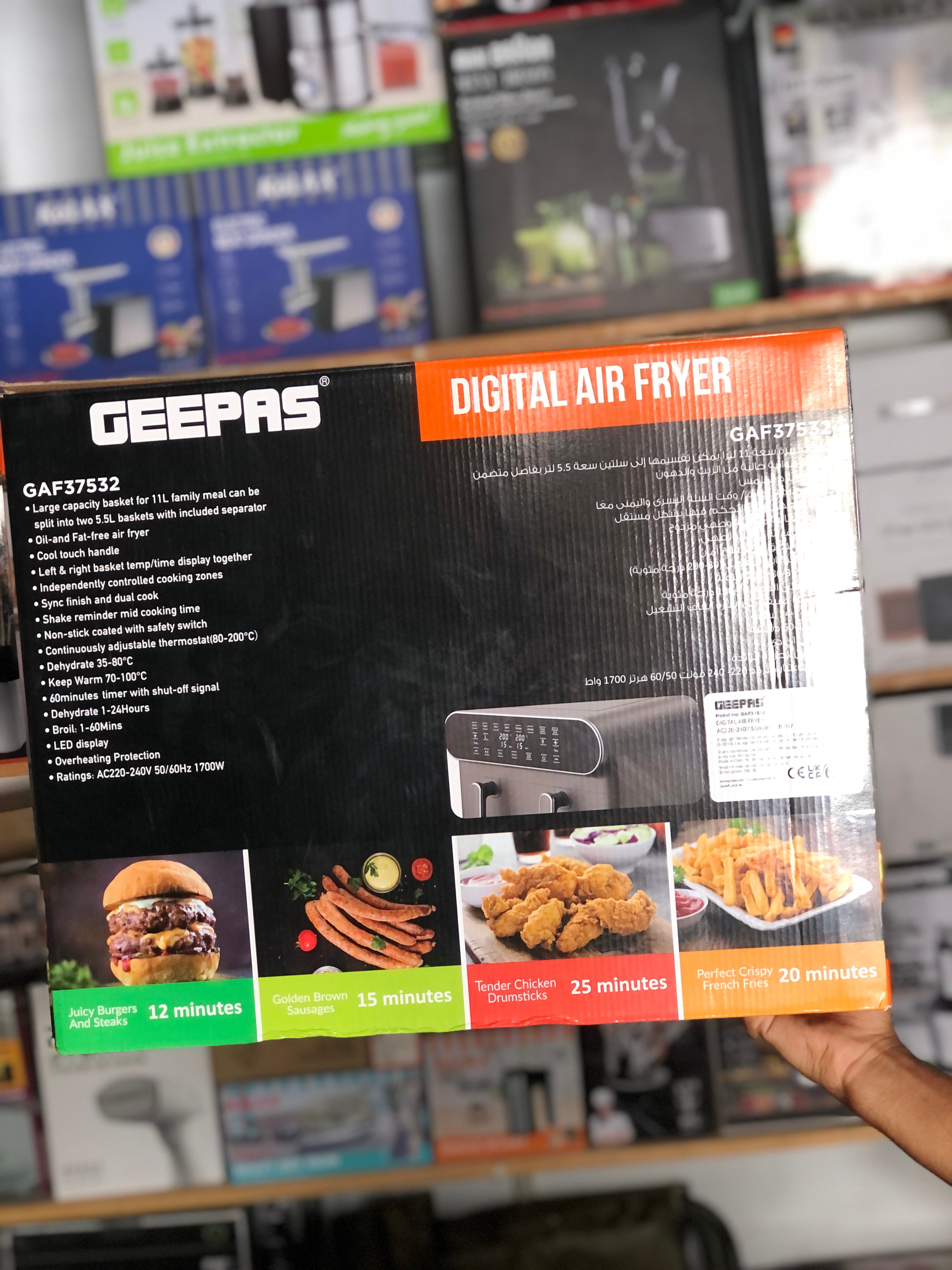 Geepas Digital Air Fryer-11L Capacity with 5.5 L Dual Baskets GAF37532