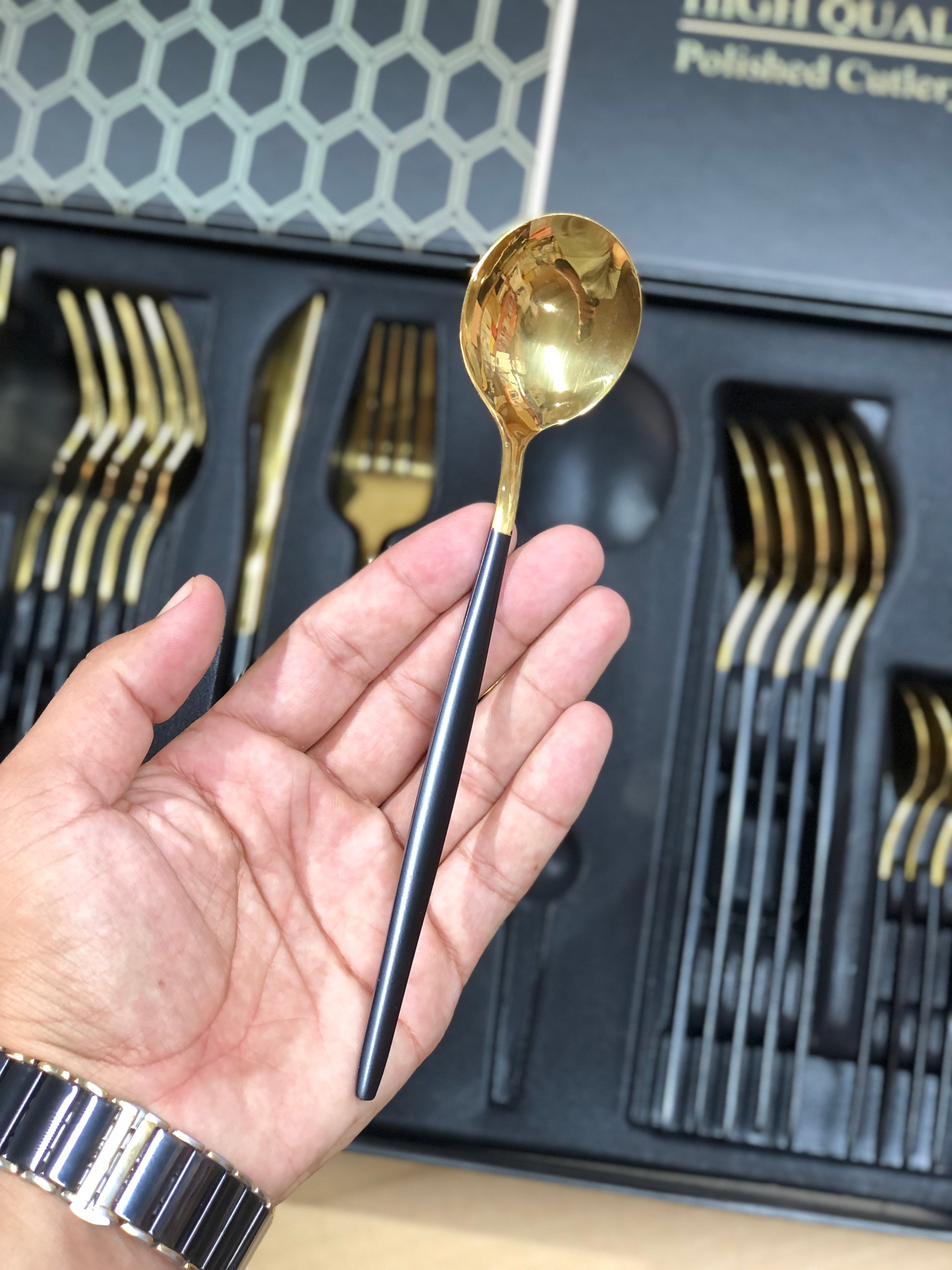 24 Pcs Premium Stainless Steel Dining Cutlery Set Golden Black