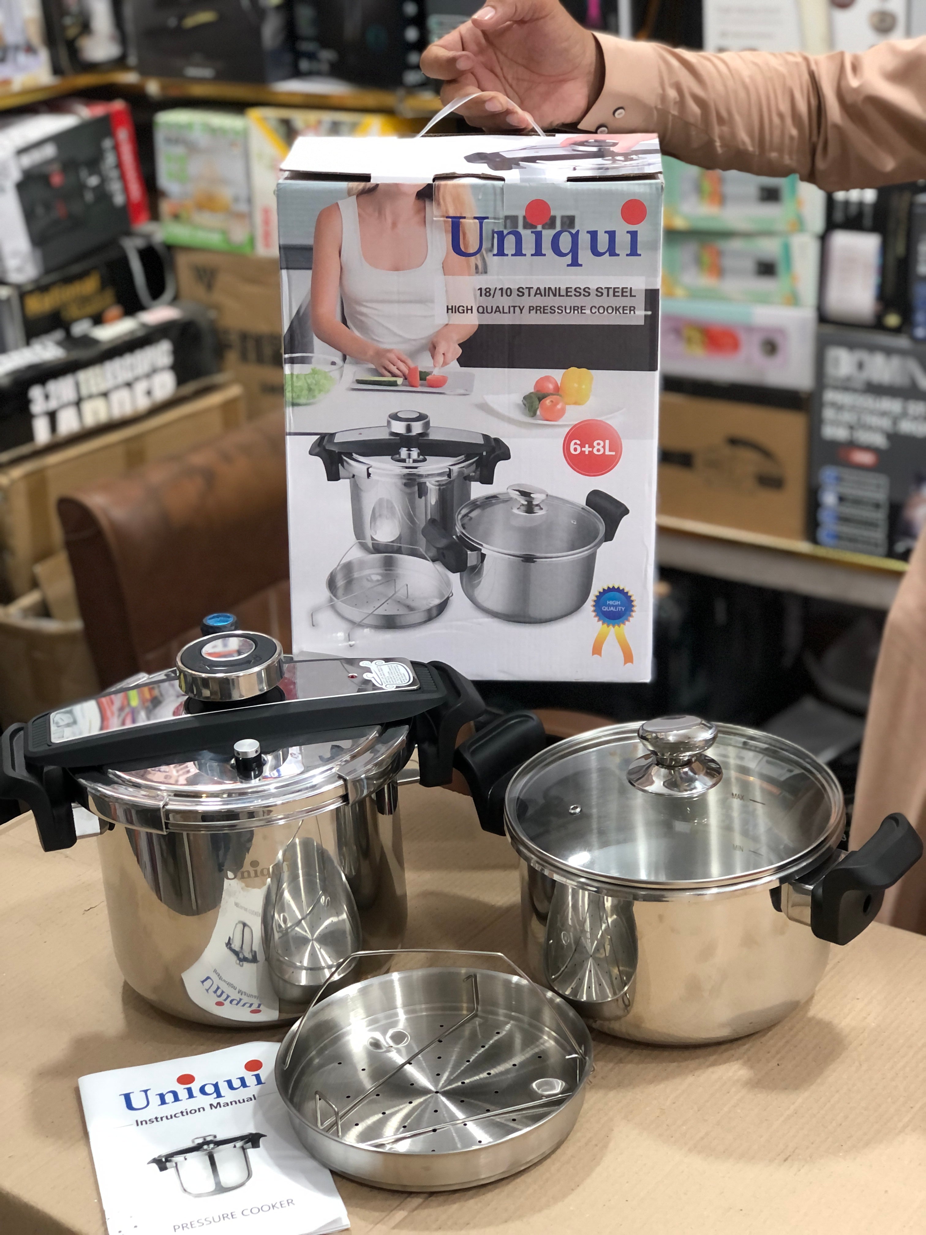 Uniqui Pro 3 in 1 Stainless Steel Automatic Pressure Cooker - 8L + 6L