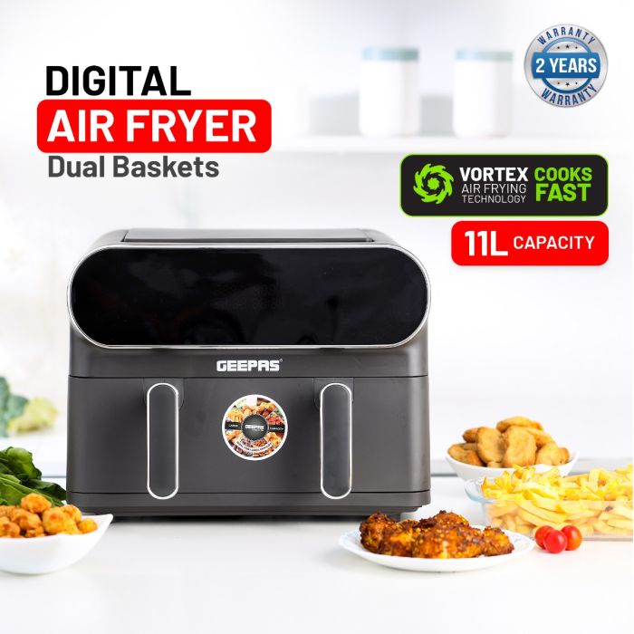 Geepas Digital Air Fryer-11L Capacity with 5.5 L Dual Baskets GAF37532