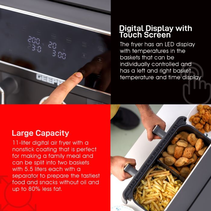 Geepas Digital Air Fryer-11L Capacity with 5.5 L Dual Baskets GAF37532